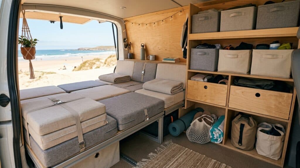 Interior de furgoneta con cama desmontable y equipaje organizado