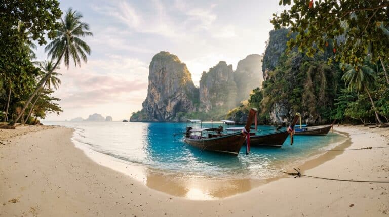 Playa tropical de Tailandia con barcas tradicionales y acantilados