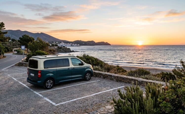Furgoneta eléctrica preparada para una ruta camper junto a la playa