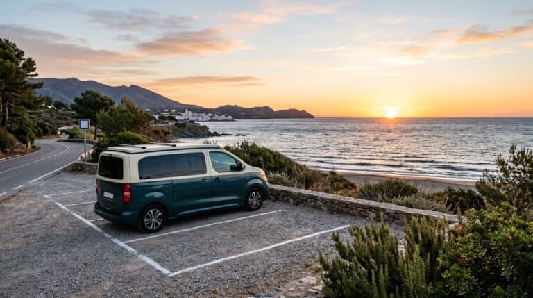 Furgoneta eléctrica preparada para una ruta camper junto a la playa